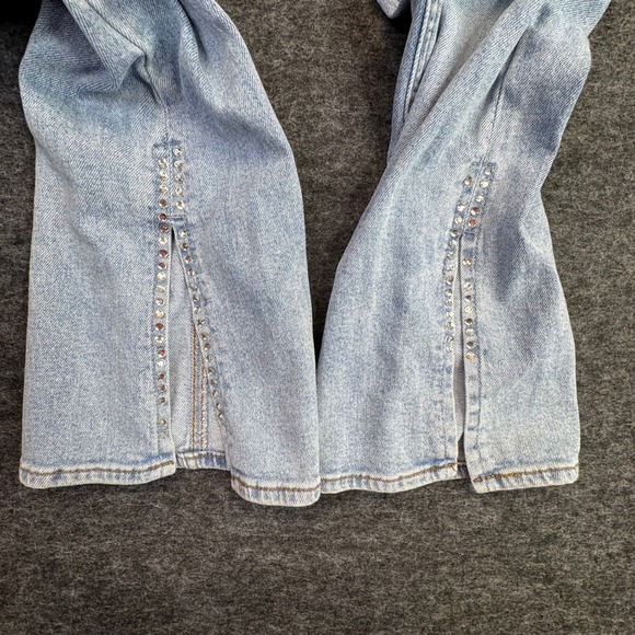 S.O.N.G. Slim Flare Jeans Women 5/27 Light Wash Rhinestone Slit Hem - Picture 12 of 15